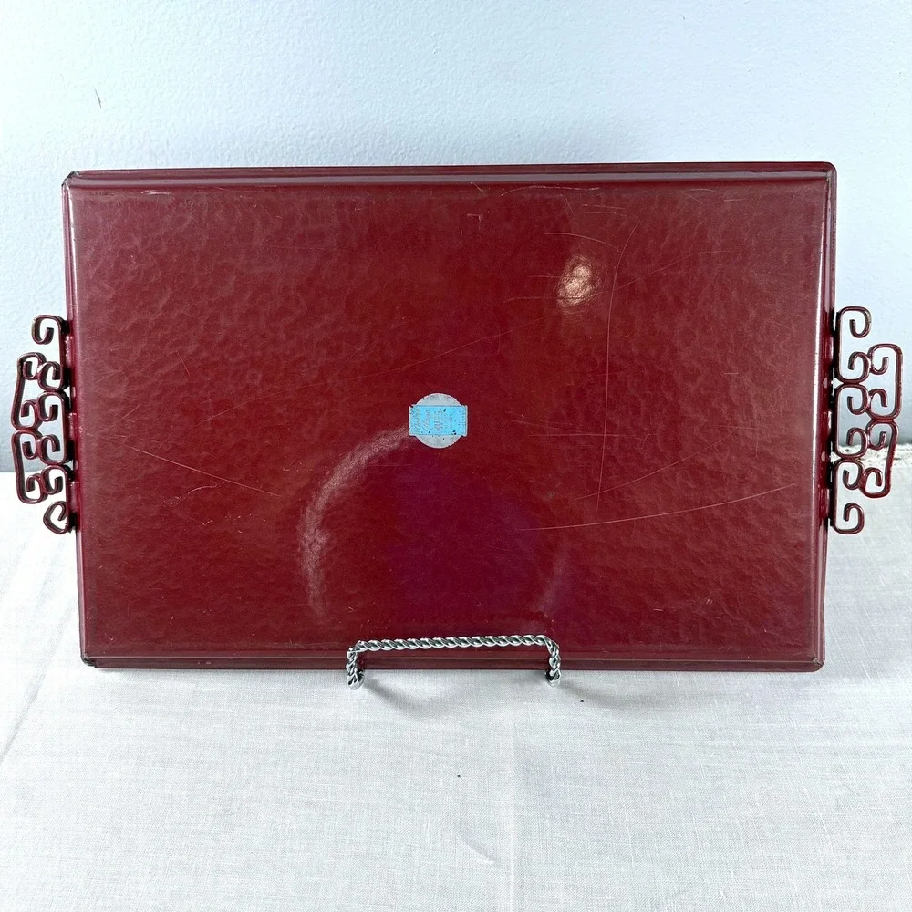 Vintage Kyes Pasadena Moire Glaze Serving Tray Burgundy Red Brass Handles MCM
